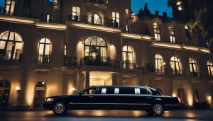 A sleek, black limousine parked outside a grand hotel, surrounded by a bustling cityscape and bright city lights