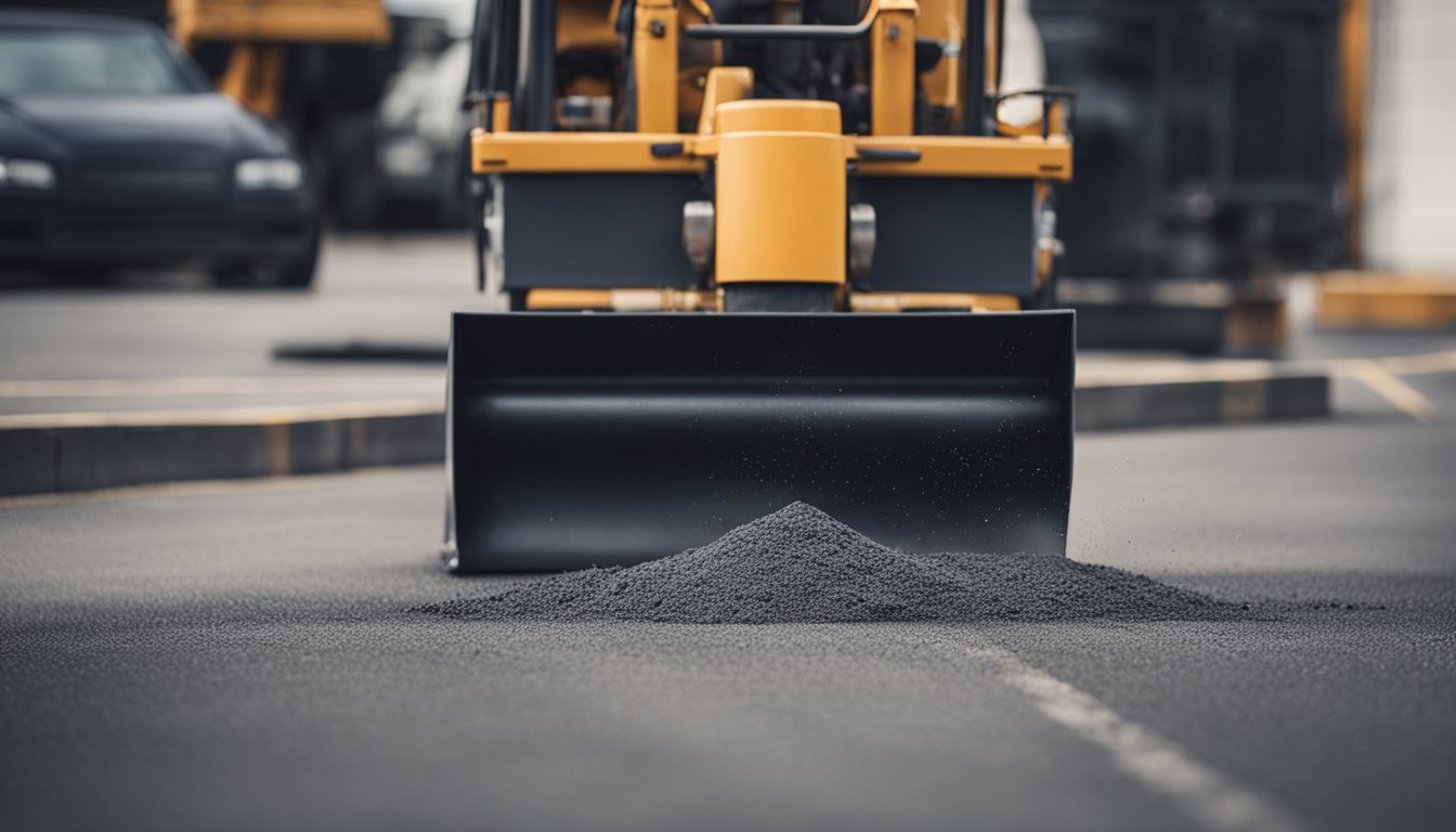 Workers filling cracks and smoothing asphalt in a parking lot. Trucks and equipment scattered around the area