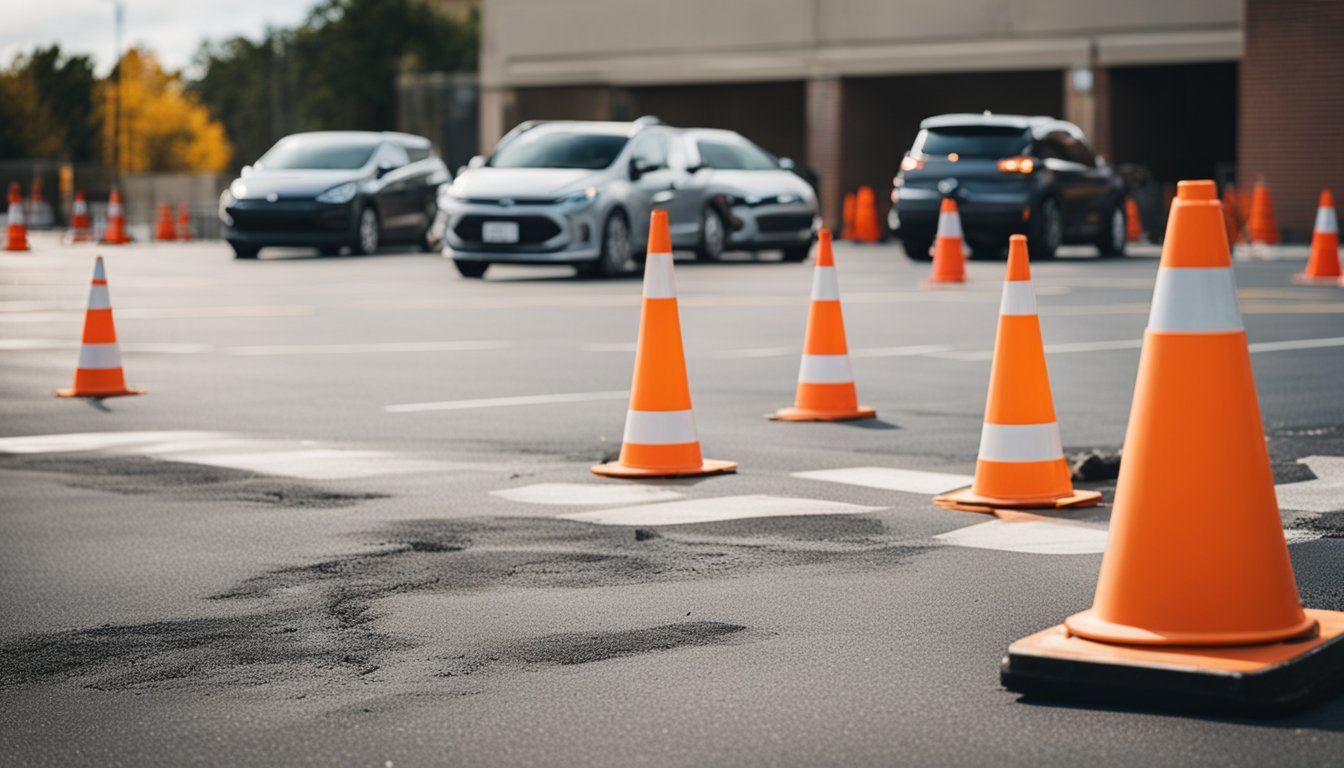 A crew repairs cracked asphalt in a parking lot, surrounded by safety cones and signs
