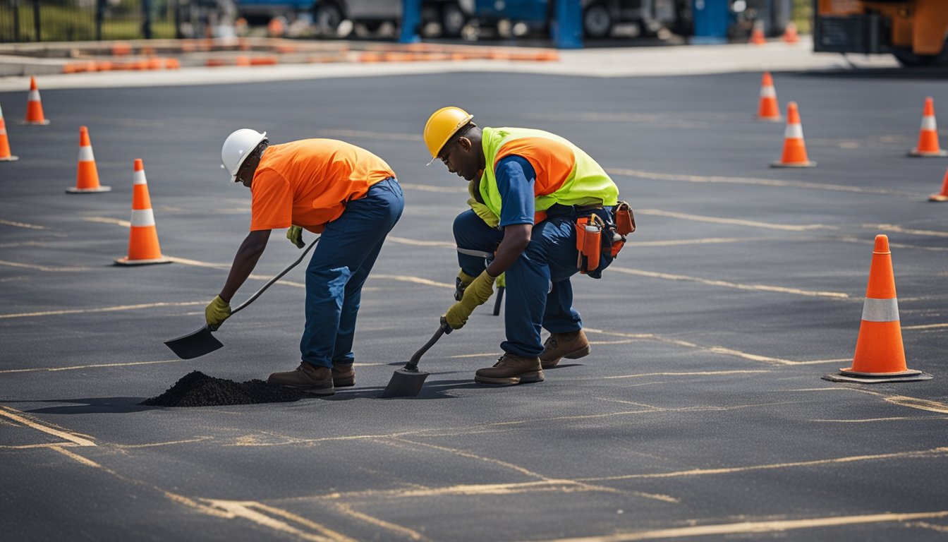 A crew of workers repair and resurface a parking lot, filling cracks and smoothing out the asphalt for aesthetic and functional enhancements
