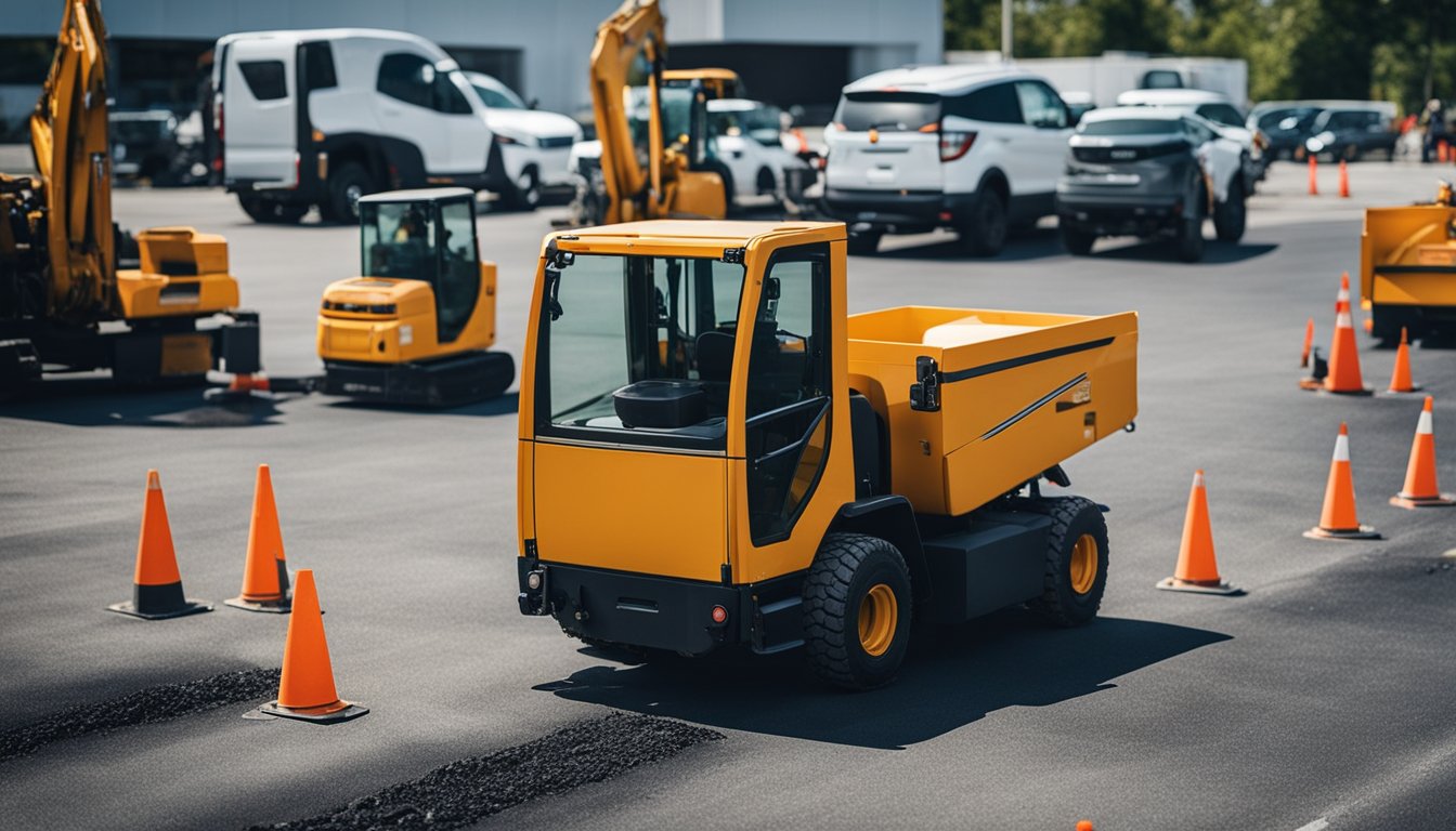 A crew of workers repairs the asphalt in a professional services parking lot, using heavy machinery and tools