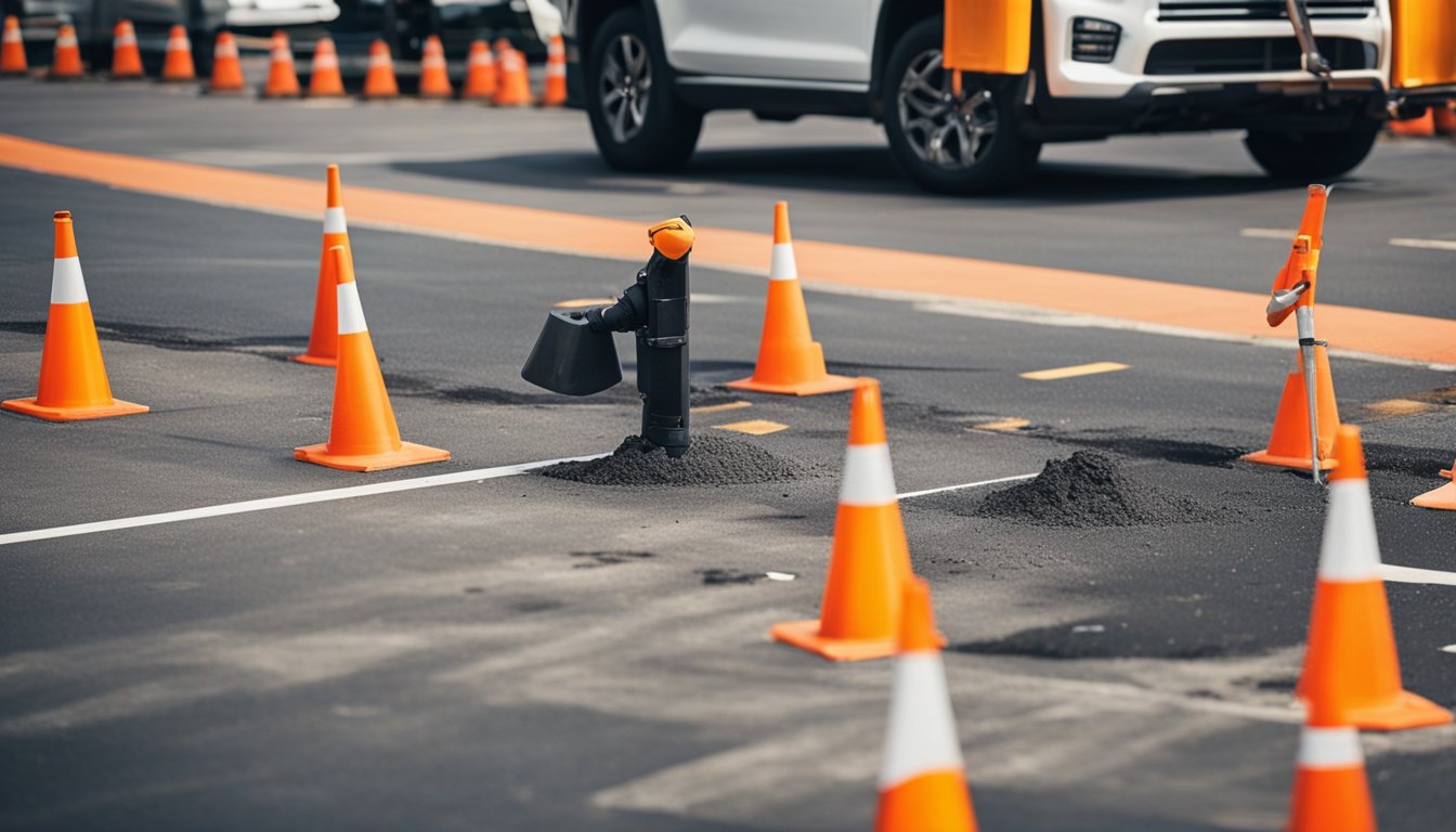 A crew repairs cracks and potholes in a parking lot, surrounded by traffic cones and construction equipment