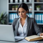 Professional bookkeeper reviewing financial documents and using a calculator
