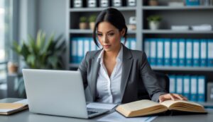 Professional bookkeeper reviewing financial documents and using a calculator
