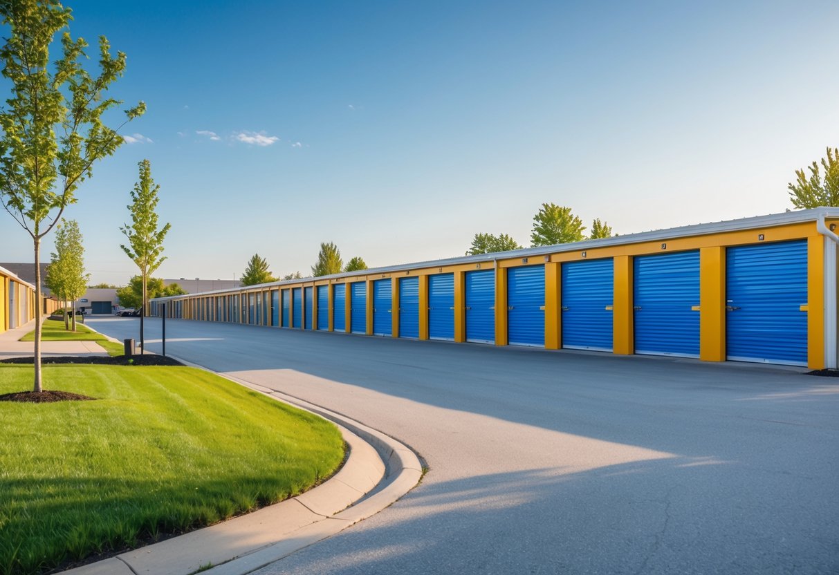 A row of clean self storage units with colorful doors along a paved driveway under a clear blue sky.