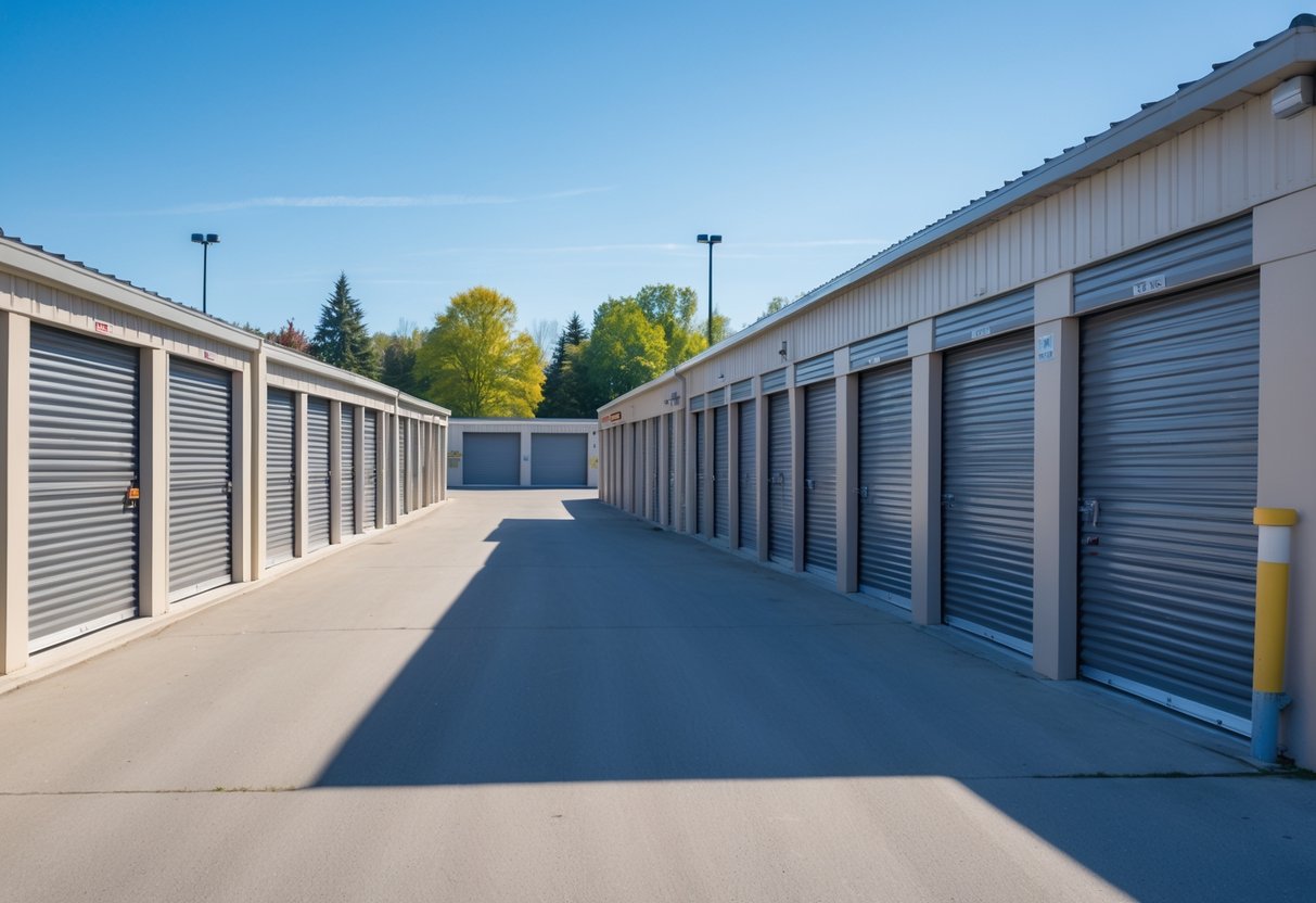 A clean outdoor self storage facility with various sizes of storage units and paved driveways under a clear sky.