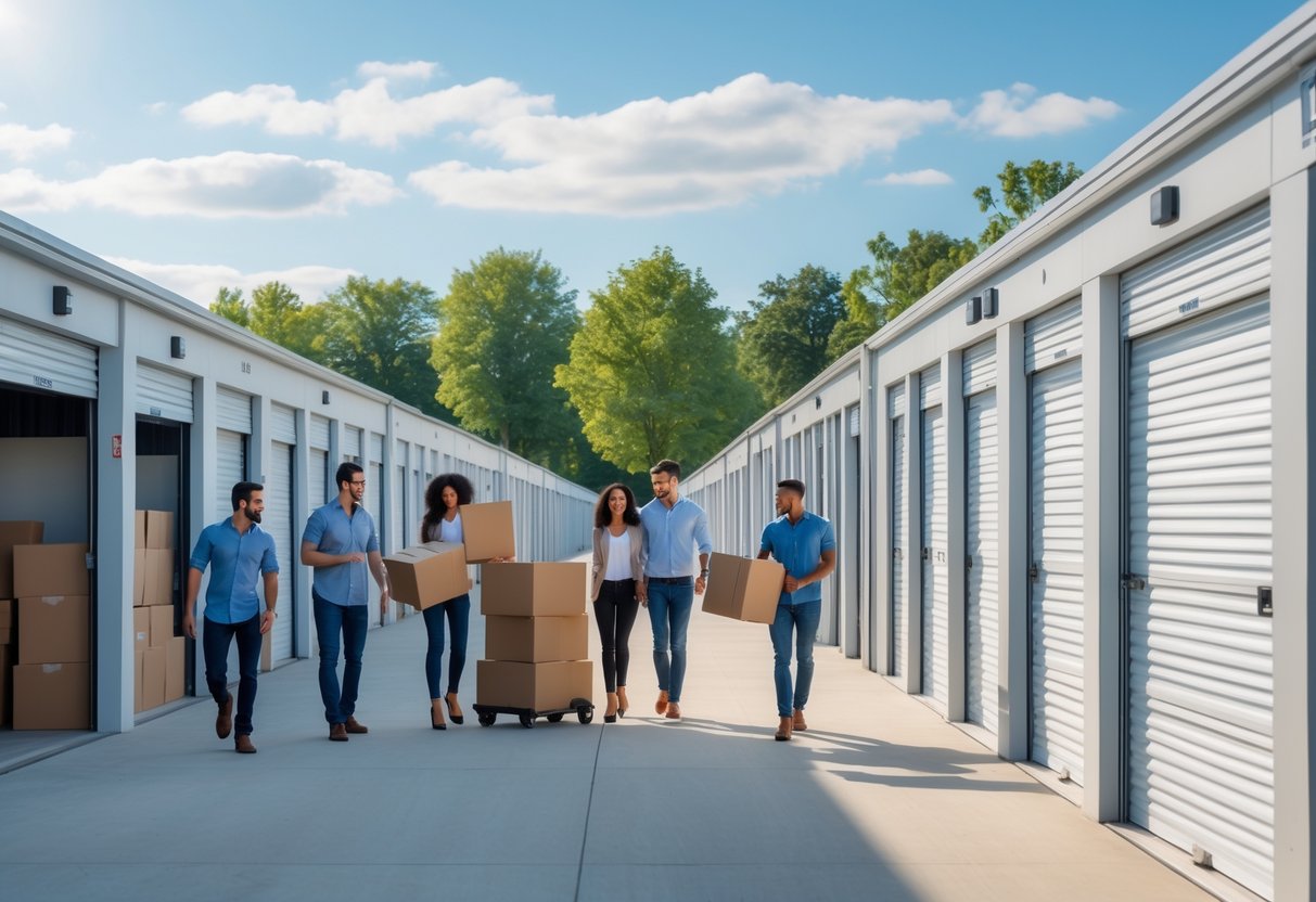 A clean self storage facility with rows of storage units and people loading belongings on a sunny day.