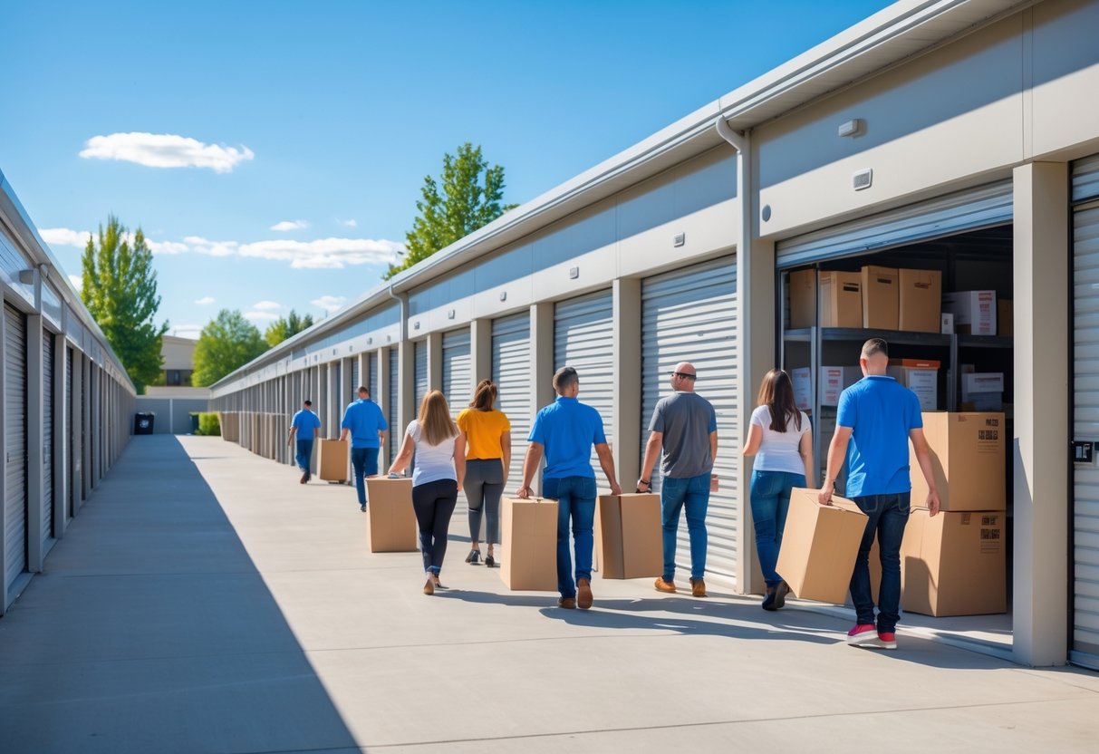 A row of clean self storage units with people accessing their units outdoors on a sunny day in a suburban area.