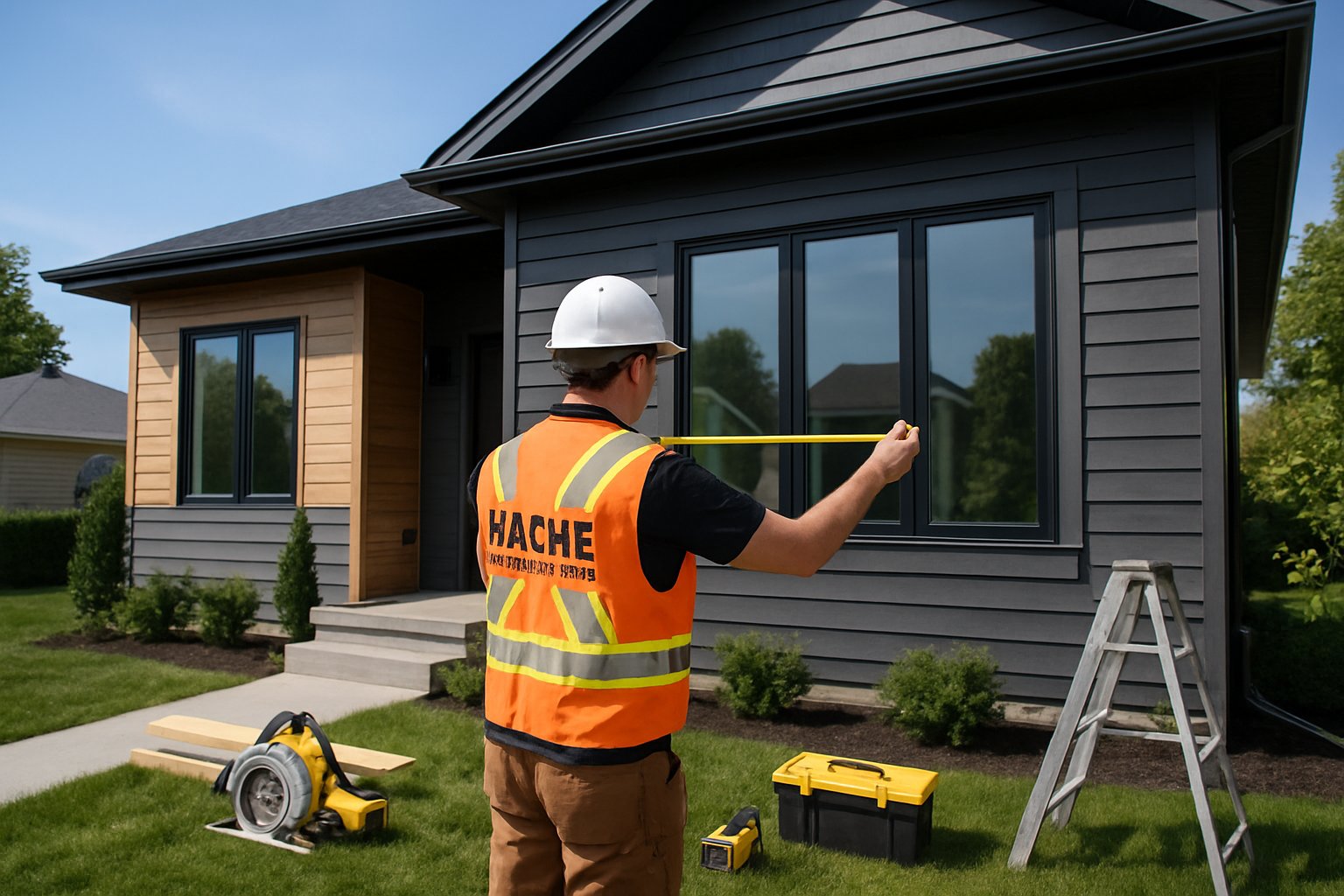 Construction worker inspecting the exterior of a renovated house in a suburban neighborhood.