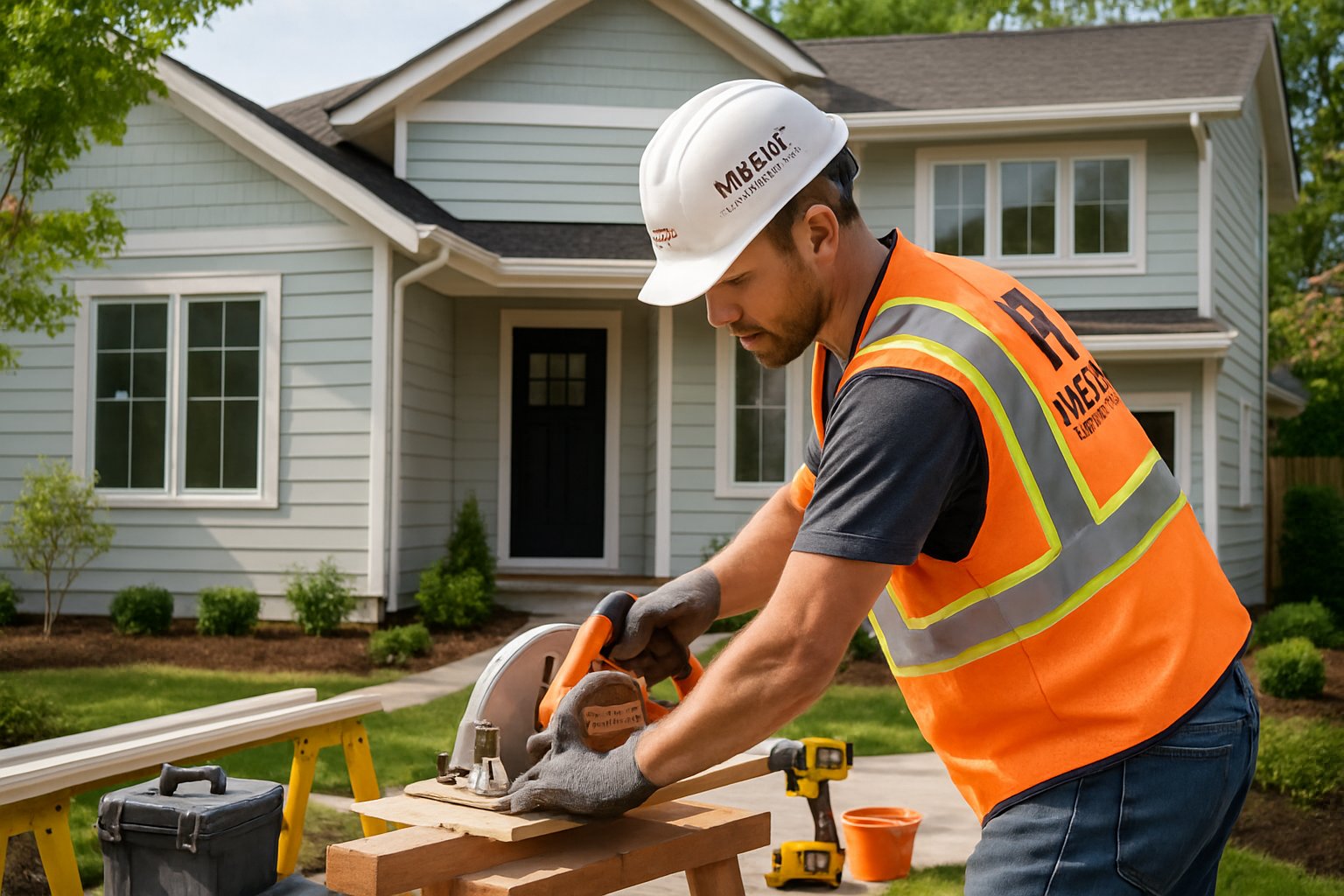 A construction worker renovating a modern suburban house with tools and materials nearby.
