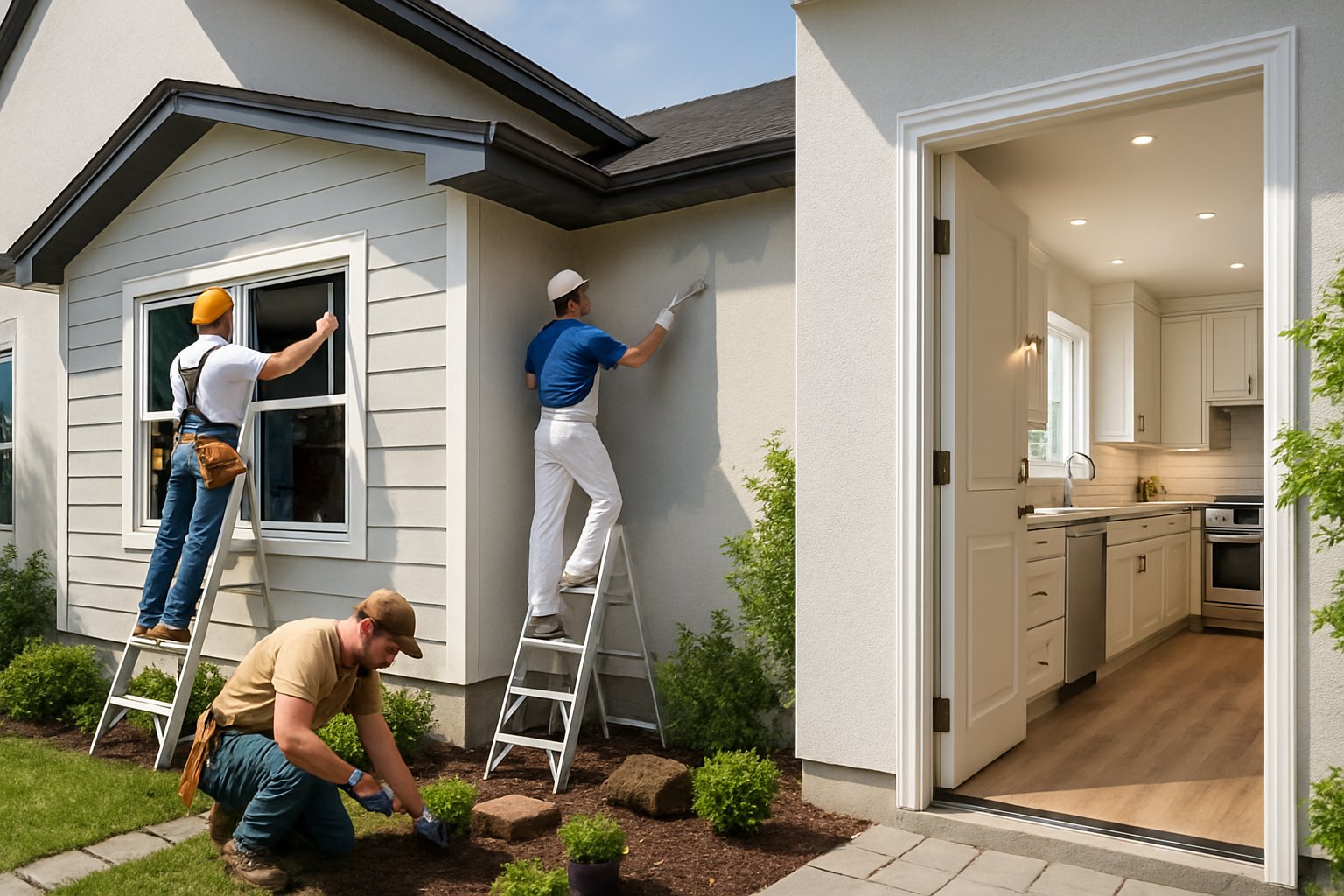 A house undergoing exterior and interior renovations with workers installing windows, painting, and updating a kitchen.