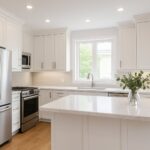 A modern kitchen with white cabinets, a marble island, stainless steel appliances, hardwood floors, and natural light coming through large windows.