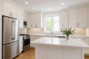 A modern kitchen with white cabinets, a marble island, stainless steel appliances, hardwood floors, and natural light coming through large windows.