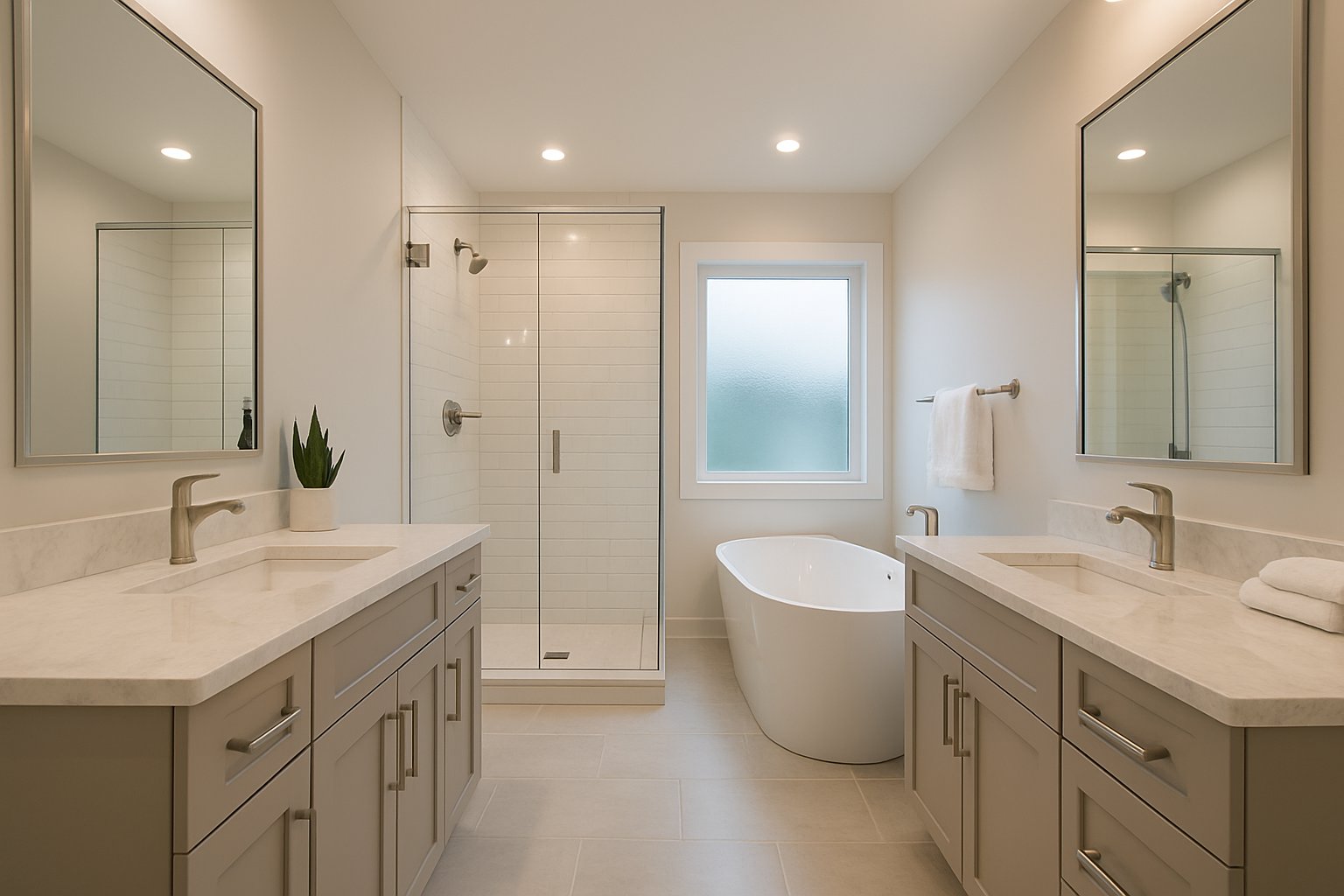 A spacious, modern bathroom with a walk-in shower, freestanding bathtub, double vanity, and natural light coming through a window.