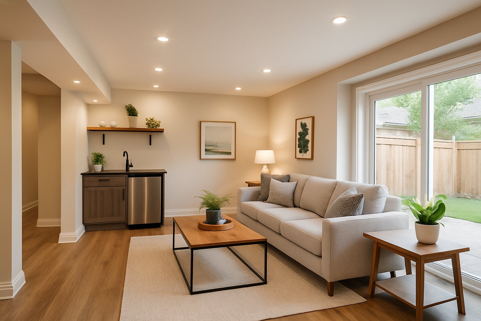 A renovated basement living area with a cozy seating arrangement, modern kitchenette, and natural light coming through windows.
