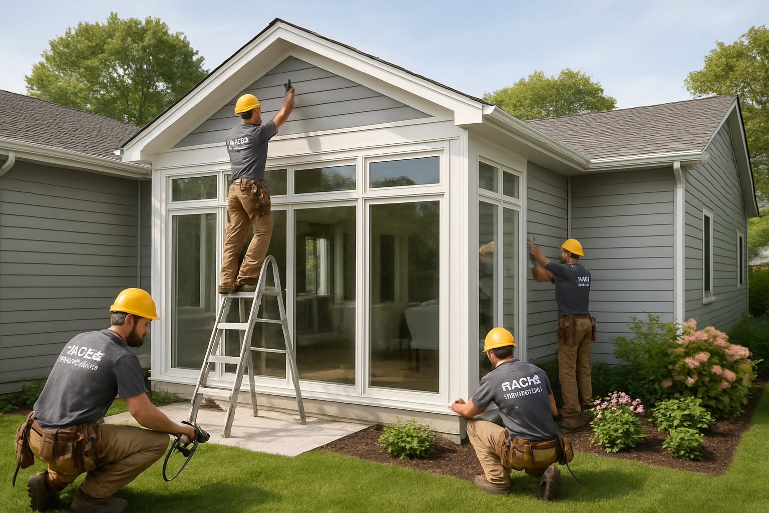 A residential home with a newly added sunroom and a construction crew working on finishing touches outdoors.