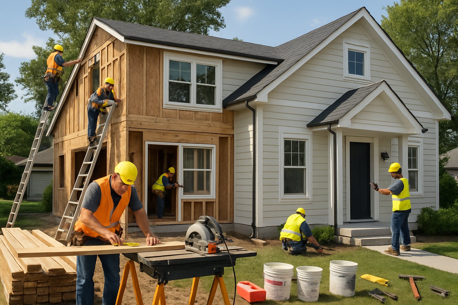 Construction workers renovating a residential home with tools and materials on a sunny day in a suburban neighborhood.