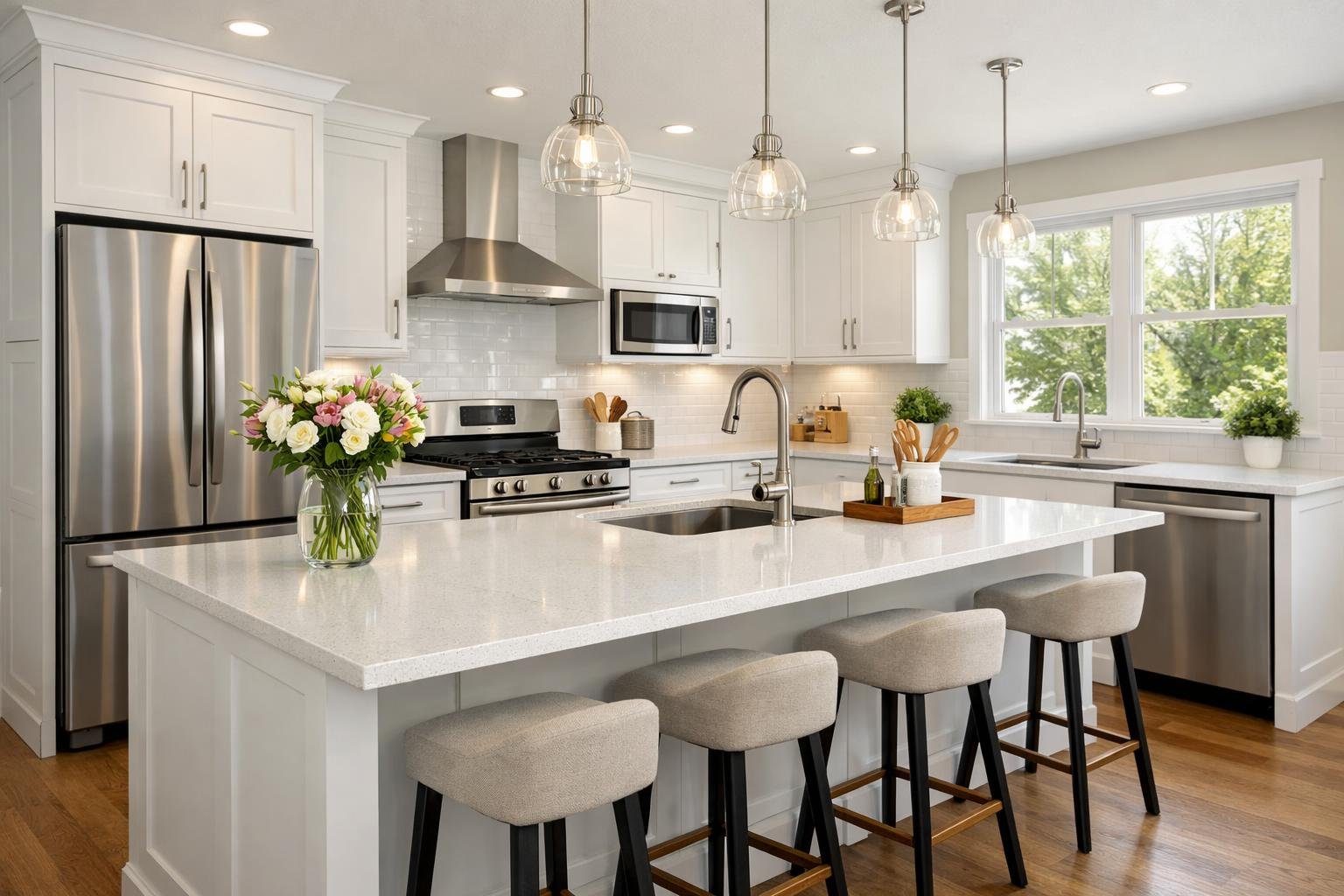 A modern kitchen with white cabinets, a central island, stainless steel appliances, and natural light coming through large windows.