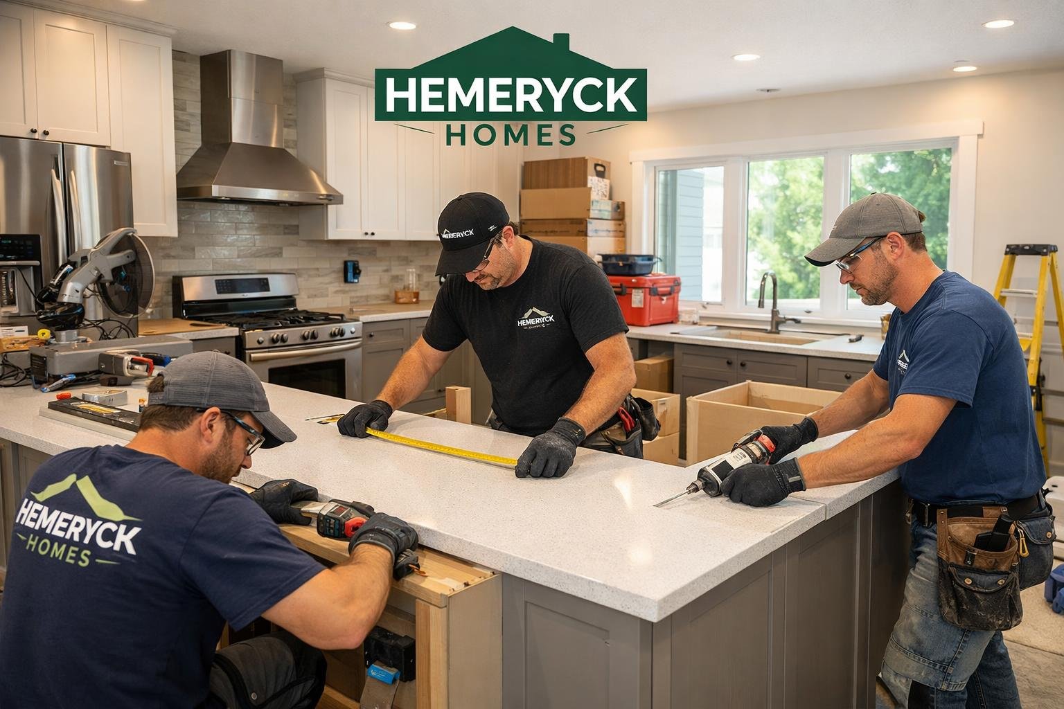A team of professionals renovating a modern kitchen with new cabinets and countertops in a bright home.
