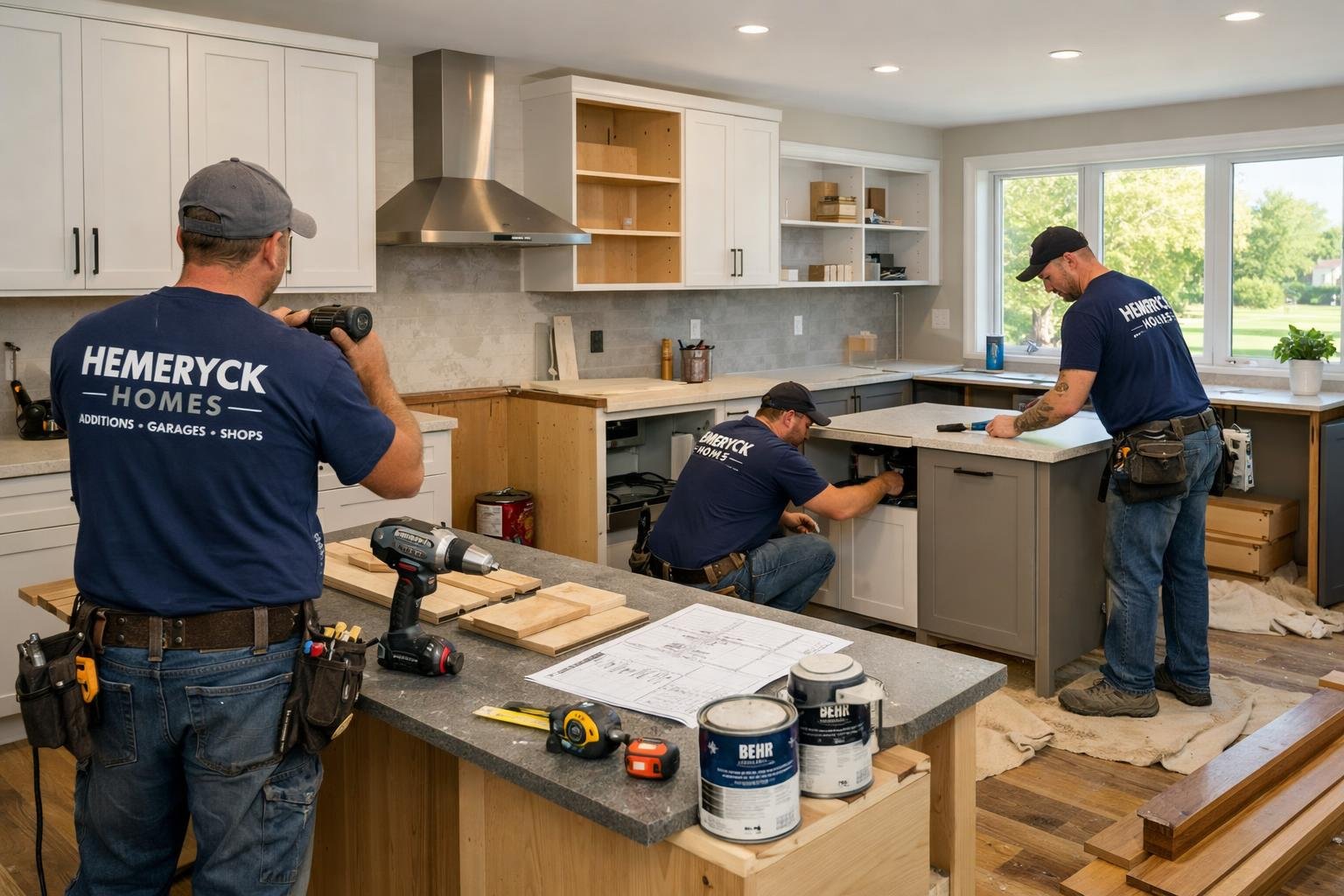 A modern kitchen under renovation with contractors working on cabinets and countertops in a bright home.