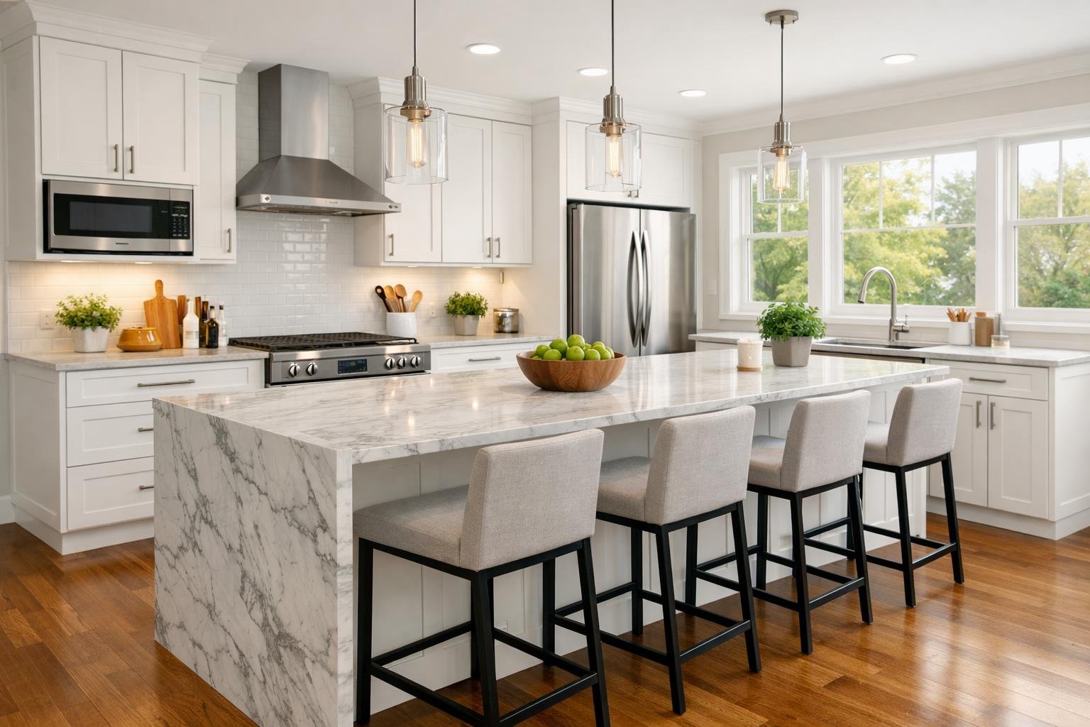 A modern kitchen with white cabinets, a marble island, stainless steel appliances, and large windows letting in natural light.
