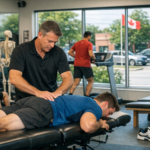 Sports chiropractor treating an athlete on an adjustment table in a gym