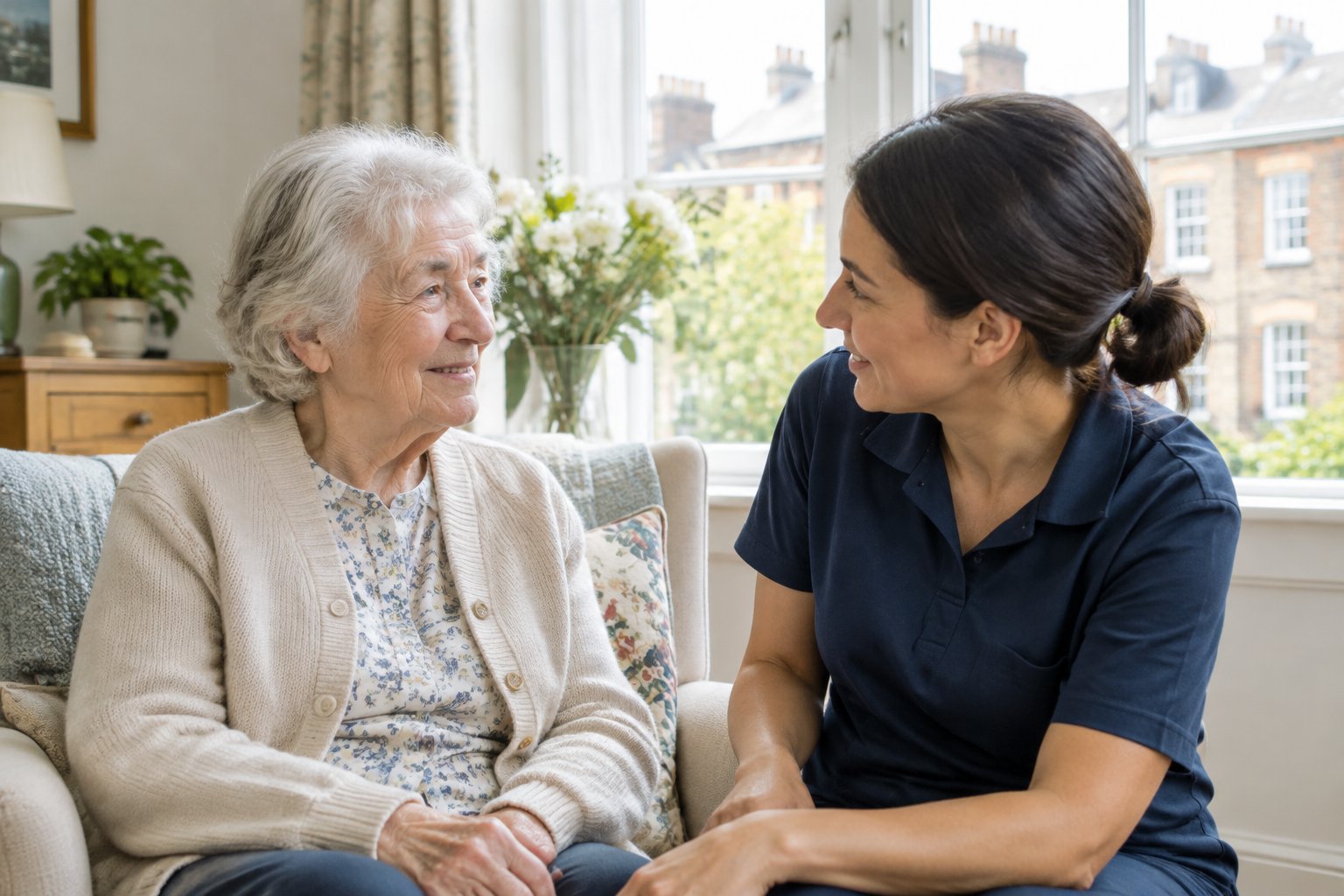 Senior woman talking with a caregiver in a bright living room