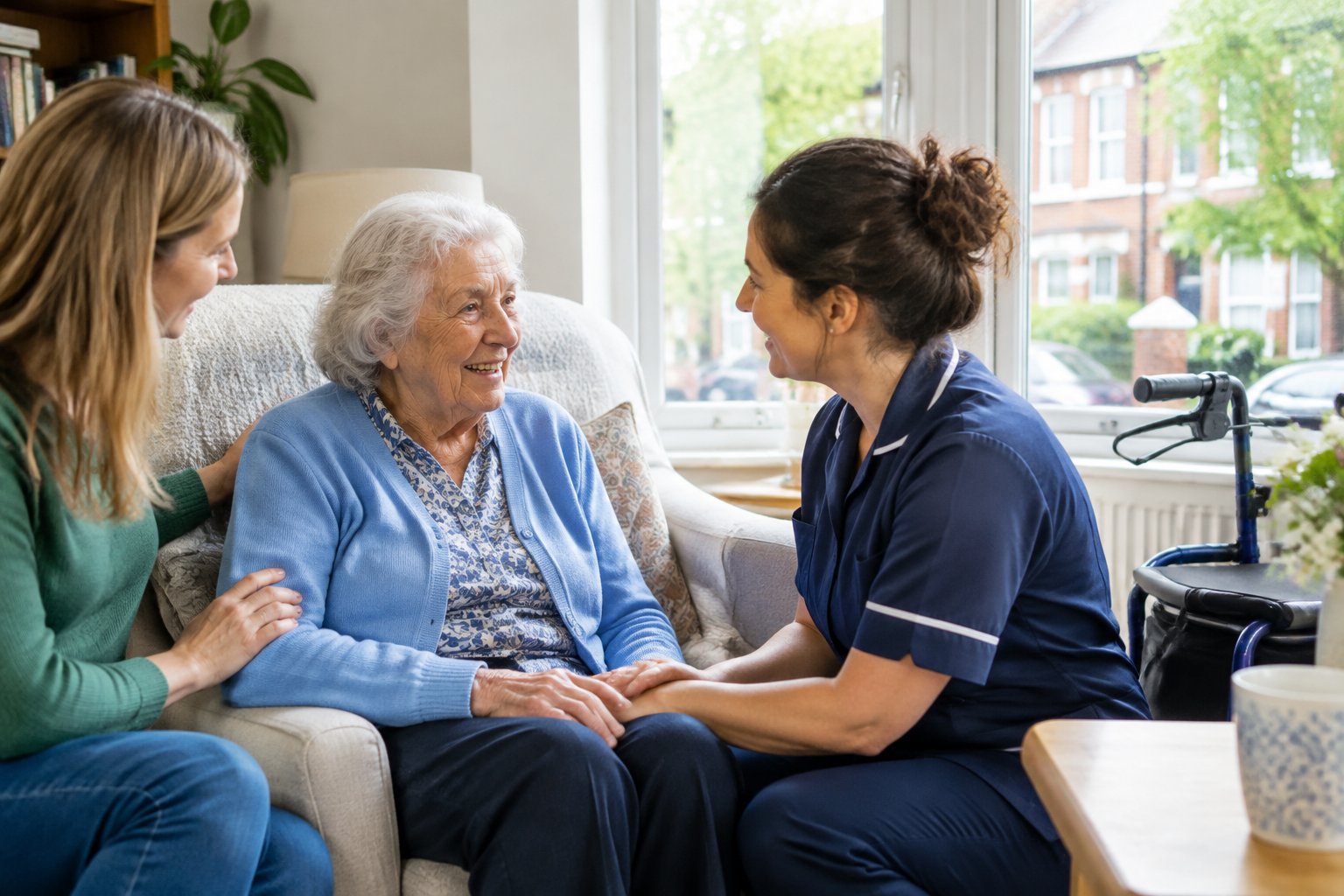 An older adult talks with a care professional at home while a family member sits nearby.