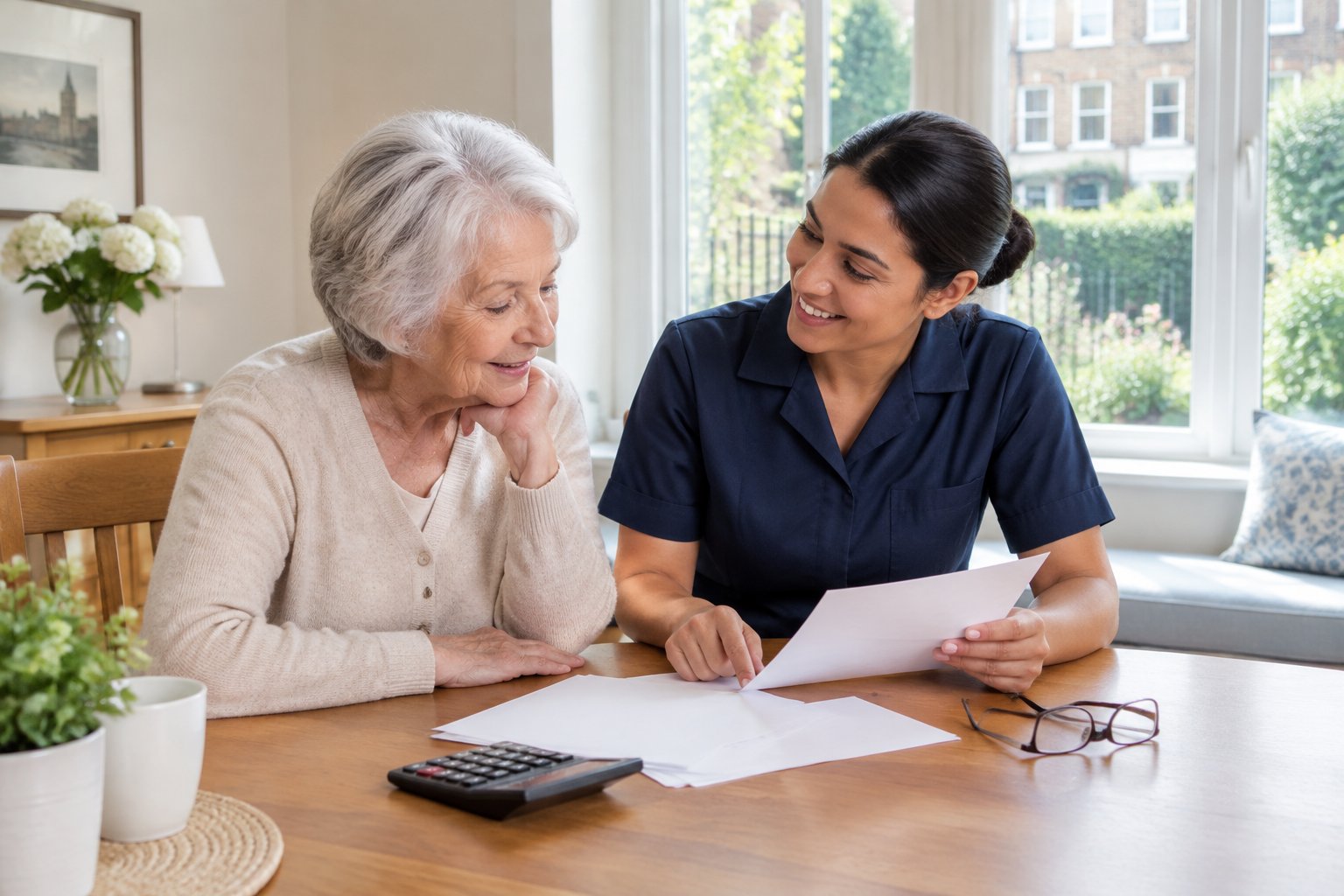 An older adult and a caregiver review household expenses at a table.