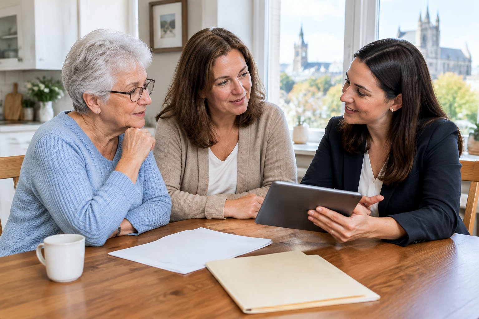An older adult, a family member, and a care coordinator discuss care options at a kitchen table.