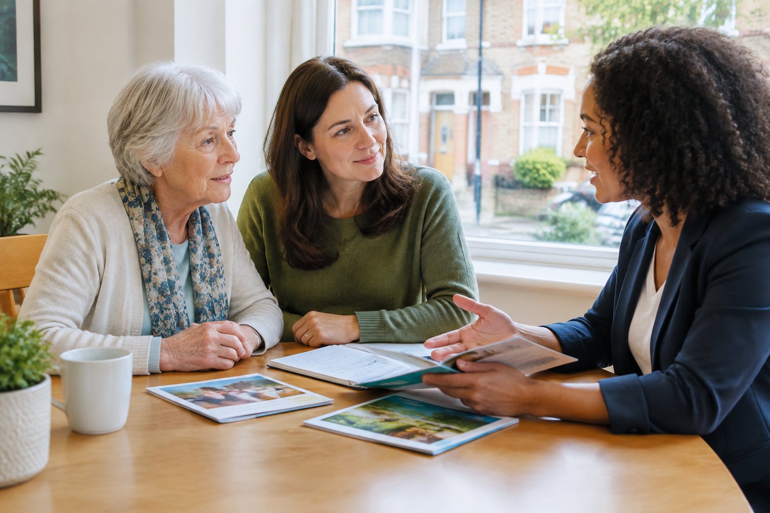 An older adult, a family member, and a care coordinator discuss senior care options at a table.
