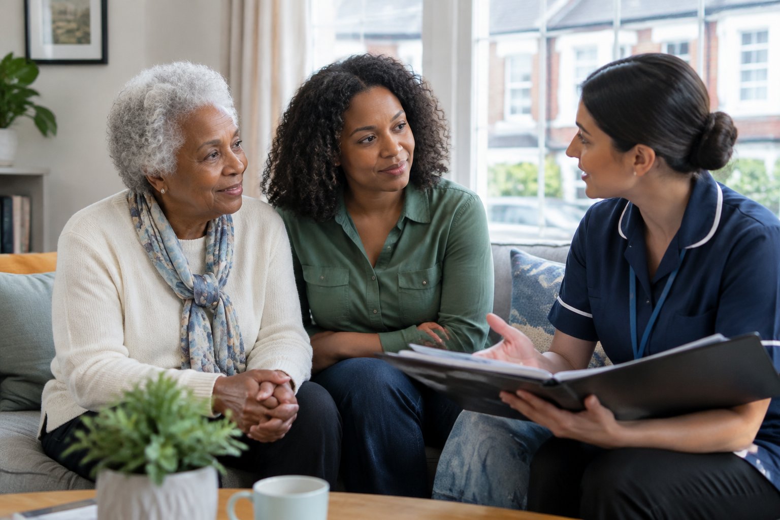 An older adult, a family member, and a care professional discuss senior care at home.