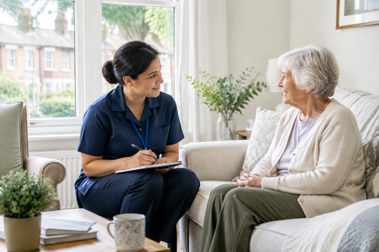 A care professional listens to an older adult in a London home.